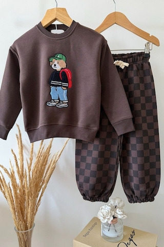 Monila Erkek Çocuk Kahverengi Ayıcık Baskılı Pamuklu 3 İplik Kumaş Sweatshirt Ve Damalı Eşofman Altüst Takım