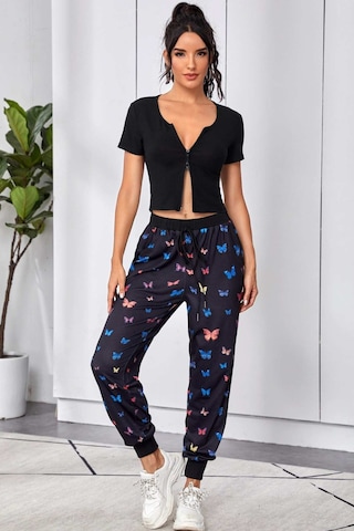 Angbutik Kadın Siyah Çift Fermuarlı Yarım Kol Crop Top Bluz