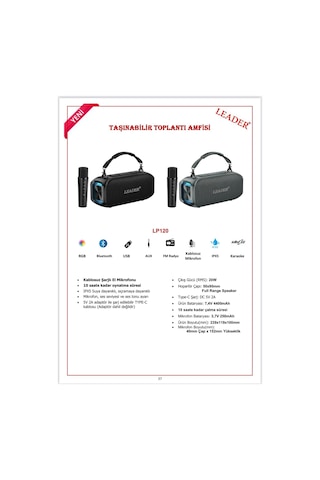 Leader Lp120 Ipx5 Rgb Bluetooth Usb Aux Fm Radyo Kablosuz Mikrofon Taşınabilir Toplantı Amfisi
