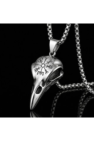 Vegvisir Sembol Paslanmaz Çelik Viking Kuzgun Kurukafa Erkek Çelik Raven Kolye Metalik Çelik