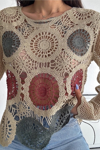 Femelle Kadın Bej Tığ İşi Standart Beden Dantel Bluz - 4035