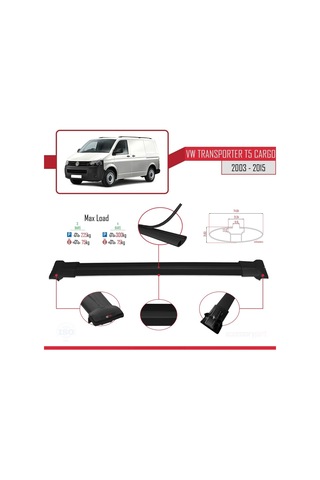 Volkswagen Transporter T5 2003-2015 Arası İle Uyumlu Fly Model Ara Atkı Tavan Barı Siyah 4 Adet Bar
