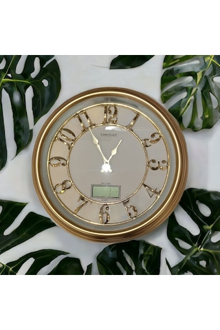 Termometreli Isı Ölçer Dijital Gold Salon Ofis Duvar Saati 47 cm Altın