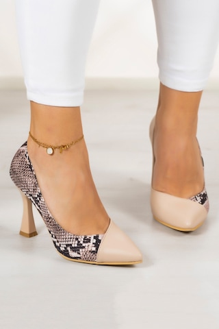 Jatqılı Plus Ten Yılan Kadeh Topuklu Ayakkabı Bej Yılan