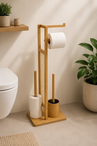 Morponi Ahşap Bambu Çok Amaçlı Tuvalet Kağıdı Askısı, Yedekli Stand Ve Banyo Fırçalık Seti Dk Gri