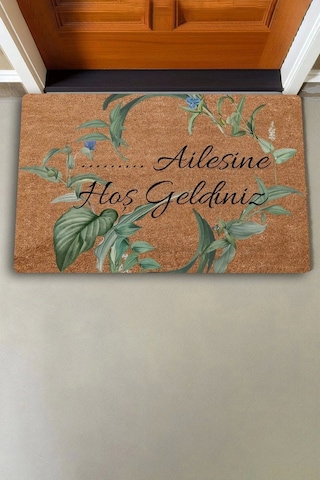Valerine Life Mavi Papatya Yaprak Kişiye, İsme Ve Aileye Özel Hoş Geldiniz Kapı Önü Paspası 45x70cm Kahverengi