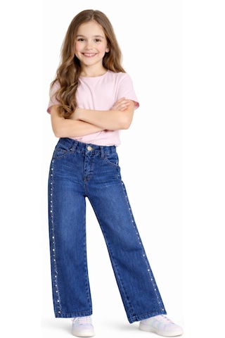 Irem Kız Çocuk Eskitme Desenli Yanları Taş Detaylı Likralı Geniş Paça Model Mavi Renk Kot Pantolon Mavi