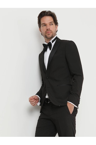 Kip Siyah Desenli Slim Fit Kruvaze Yaka Dokuma Smokin Takım Elbise 001