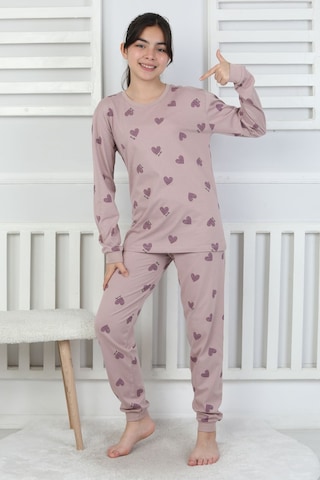 Lavanta Renkli Kalp Desenli Kız Çocuk Pijama Takımı Mor