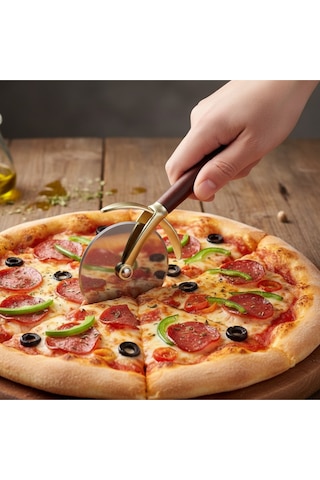 Prateg Akasya Saplı Gold Pizza Kesici,pizza Ruleti, Pizza Dilimleyici Kahverengi