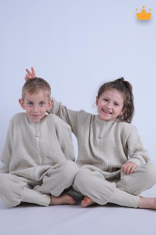 Babyhola Çocuk Mevsimlik Uyku Tulumu 2-8 Yaş 1 Tog 4 Kat Müslin Uzun Kollu Uyku Tulumu Bej