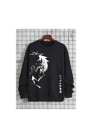 Tarzsokak Unisex Kadın/erkek Siyah Anime Yaşam Oversize Bisiklet Yaka Pamuklu Sweatshirt