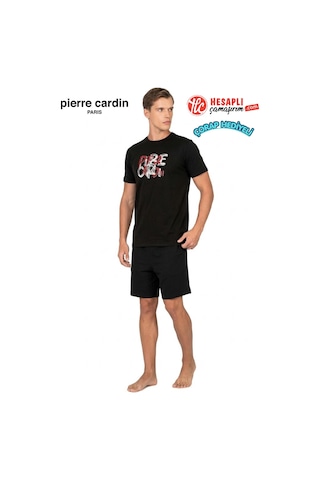 Pierre Cardin Paris Premium Erkek %100 Pamuk Baskılı Yazlık Rahat Kesim Şortlu Pijama Takımı Siyah