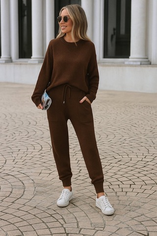 Kadın Rahat Kalıp Örgü Triko Tasarım Alt Üst Takım Acı Kahverengi