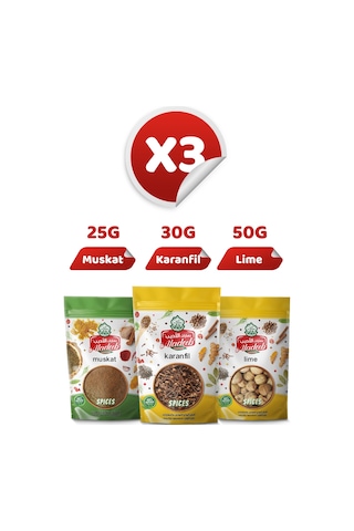 3'lü Gurme Baharat Seti Kurutulmuş Limon Lime 50g Muskat 25g Tane Karanfil 30g