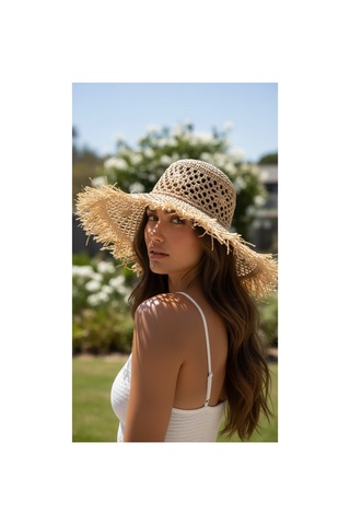 Gigi Luxe Saçaklı Geniş Hasır Bohem Bej Şapka Bej Bej