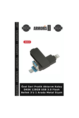 Özel Seri Pratik Aktarım Kolay Dk06 128gb Usb 3.0 Flash Bellek 3'ü 1 Arada Metal Siyah