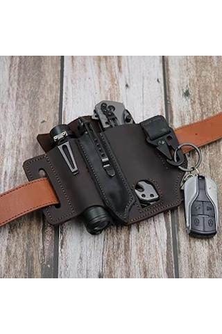 Geeksen Kemer İçin Çok Amaçlı Alet Kılıfı, Erkekler İçin Deri Edc Cep Düzenleyici, Kalemlikli Leatherman Kılıfı, Anahtarlık, El Feneri Kılıfı, Edc Deri Kese Kahverengi