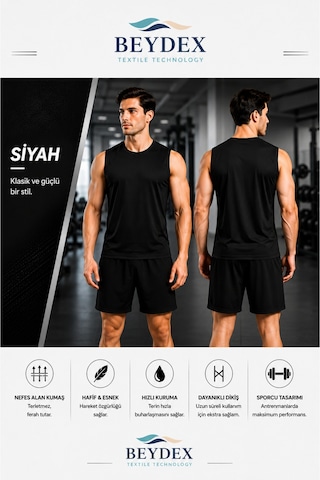 Beydex Erkek Nem Emici Hızlı Kuruma Atletik Teknik Sporcu Sıfır Kol T-shirt Gym Siyah