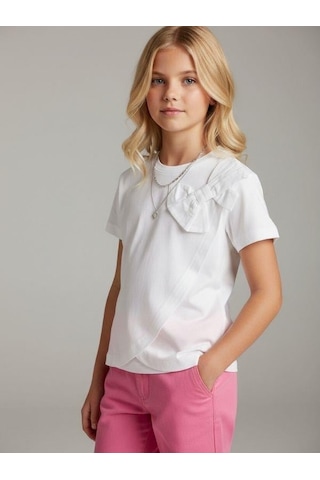 Zekids Kız Çocuk Fiyonk Detaylı Basic T-shirt-16965 Beyaz