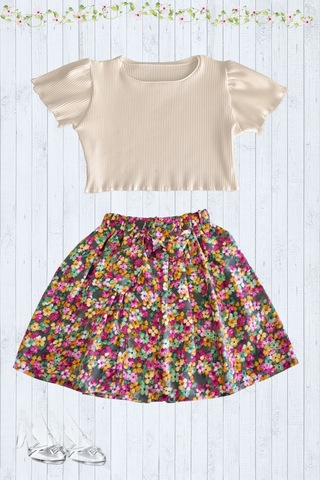 Etekli Crop Takım, Pamuklu Çiçekli Etek - Pamuklu Fitilli Crop Skahve-çiçekli2 Çok Renkli