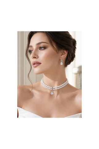 Zirkon Taşlı Su Damlası Sallantılı Tasma Choker İnci Kolye Ve Küpe Seti Düğün Nikah Kına Beyaz