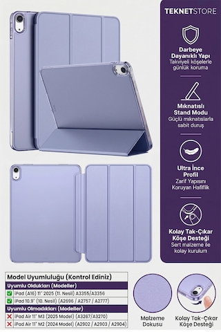 İpad 11. Nesil A16 Ve 10. Nesil 10.9" Uyumlu Kılıf A3355 A2696 Ultra İnce Standlı Kapak Lavanta Kapaklı Kılıf