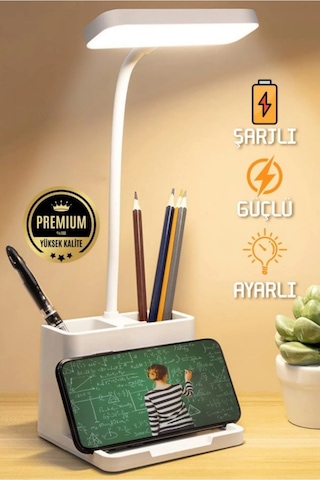 Şarjlı Masa Lambası - 3 Renk Dokunmatik Telefon Stantlı 460 Lümen Usb Şarjlı Göz Yormayan Işık Beyaz
