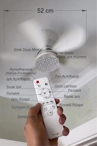 Büyük 30w Led Işıklı 52cm Direk Duya Kolay Montajlı Uzaktan Kumandalı Sinek Kovucu Tavan Pervanesi Vantilatörü Aspiratörü