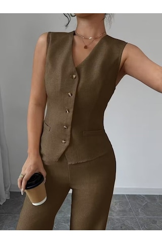 Efnaz Style Kadın Askılı Önden Düğmeli Bluz Ve Pantolon Keten Ikili Takım Kahve