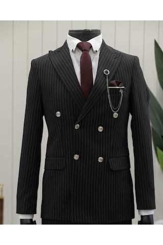 Beystil Sivri Yaka Siyah Çizgili Kruvaze Takım Elbise Lecce- Slim Fit Siyah