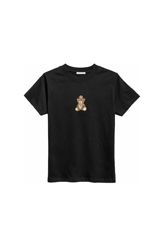 Mixray 2078 Kadın Pamuk Ayıcık Nakışlı Bisiklet Yaka T-shirt Siyah