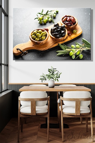 Kanvas Duvar Tablosu Yatay Lokanta Kafe Restoran Akdeniz Mutfak Siyah Yeşil Zeytin Kahvaltı Yağ
