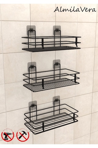 Güçlü Yapışkanlı Kancalı 3 Adet 3 Katlı Banyo Mutfak Düzenleyici Rafı Mat Siyah Siyah
