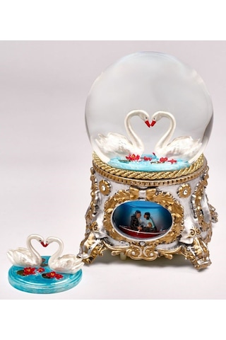 Kar Küresi Klasik Antik Büyük 120 Mm . El Boyaması,müzikli Ve Kendinden Üflemeli, Kuğu Çift