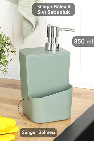 Süngerlik Bölmeli Sıvı Sabunluk - Tezgah Üstü Süngerlikli Sabunluk Mutfak Organizer 850ml Yeşil Yeşil