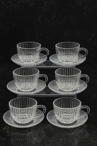 Elta Collection Cam Espresso & Türk Kahvesi Fincanı Seti 6 Kişilik Lüks Desenli Cam Bardak Takımı Çizgili Şeffaf