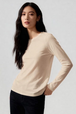 Bej O Yaka Standart Fit Uzun Kollu Basic Kadın T-shirt - 97312 Bej
