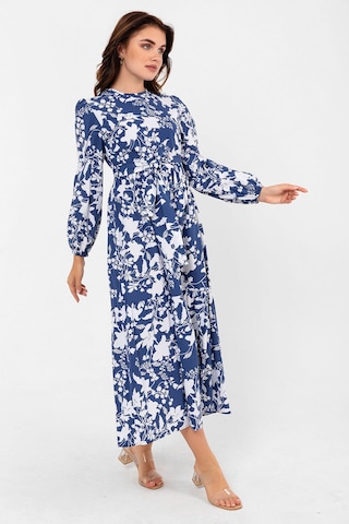 Yaprak Desenli Renkli Pamuklu Yazlık Baharlık Kuşaklı Elbise 2101 Lacivert
