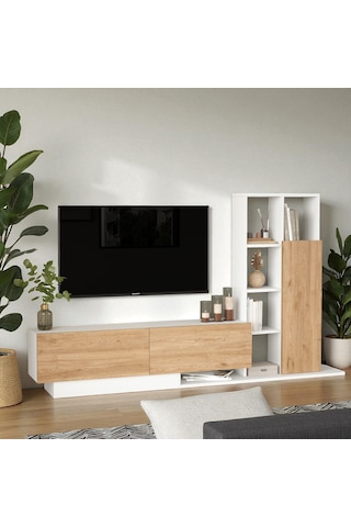 Robin Home Tv Ünitesi Kapaklı Kitaplık Raflı Beyaz Beyaz
