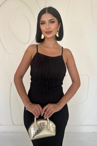 De'charme Siyah Piliseli Halter Boyun Elbise