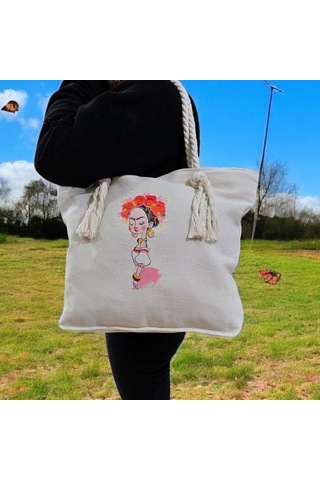 Bır Kadın Nakışlı Bez Çanta Naturel Ten