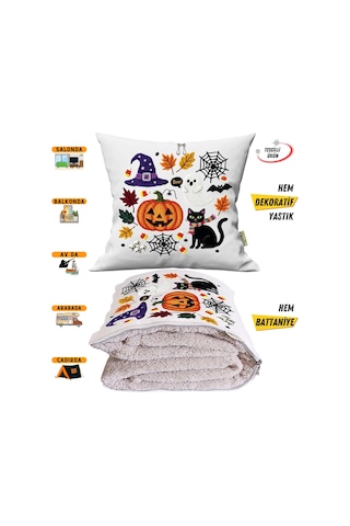Cadılar Bayramı Temalı Nakışlı Efekt Baskılı Tv Battaniyesi Olabilen Dekoratif Yastık Battaniye Çok Renkli