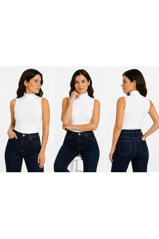 İngegno Body Yarım Balıkçın Yaka Sıfır Kol Viskon Örme Ring Kumaş Body Beyaz