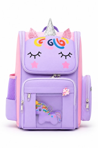 Quovo Unicorn Özel Tasarım Okul Çantası Aksesuar Hediyeli Ortopedik Pembe Sırt Çantası Lila