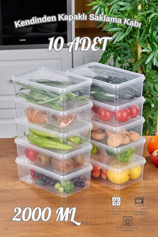 10'lu Buzdolabı Organizer Kendinden Kapaklı Mikrodalga Difrize Uygun 2000 Ml Dikdörtgen Saklama Kabı Diğer