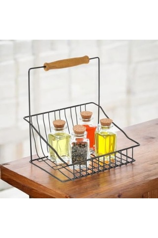 Retro Ferforje Tek Sepet, Ahşap Kulplu Mutfak Banyo Salon Ofis Düzenleyici Sepet Organizer Siyah, 20x20 Cm Diğer