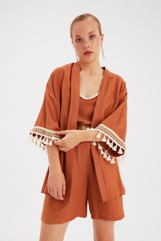 Sateen Kol Detaylı Salaş Keten Kimono - Taba