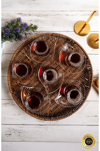 Yuvarlak Hasır Tepsi, Kulplu Sunum Tepsisi, Servis Tepsisi, Kahve Tepsisi, Keyif Tepsisi, Modern Hasır Tepsi - 35 Cm Kahverengi