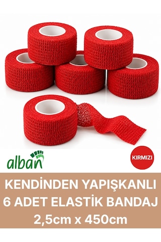 2,5cm 6'lı Set Kendinden Yapışkanlı Elastik Bandaj, Kohesiv Bandaj 2,5cm X 4.5m Spor, Bilek, Ayak Bileği, Veteriner Bandajı Kırmızı
